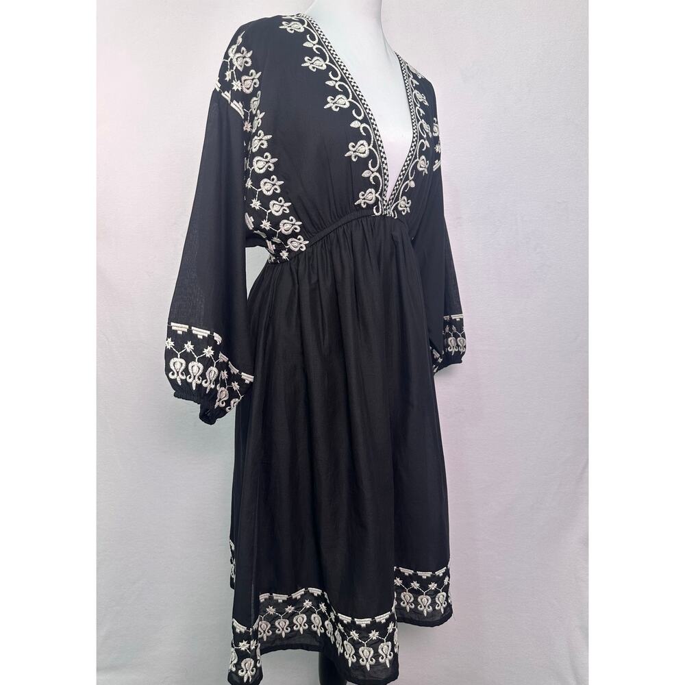NWT Reistor Deep V Embroidered Dress Black Cream Boho Cotton Mini Dress Medium - Picture 3 of 11